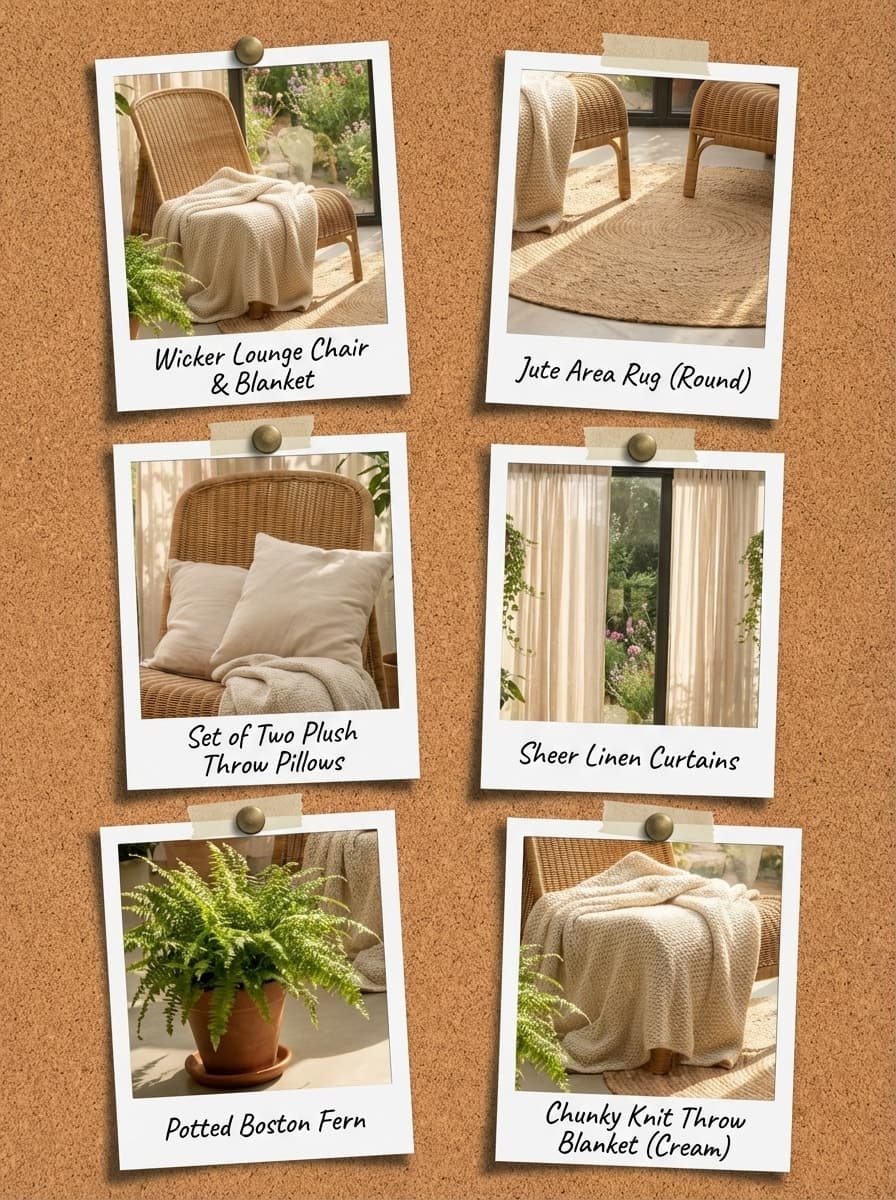 Golden Hour and Gentle Dreams - sunroom, garden view, wicker chairs, natural light, cozy - Get the Look Board