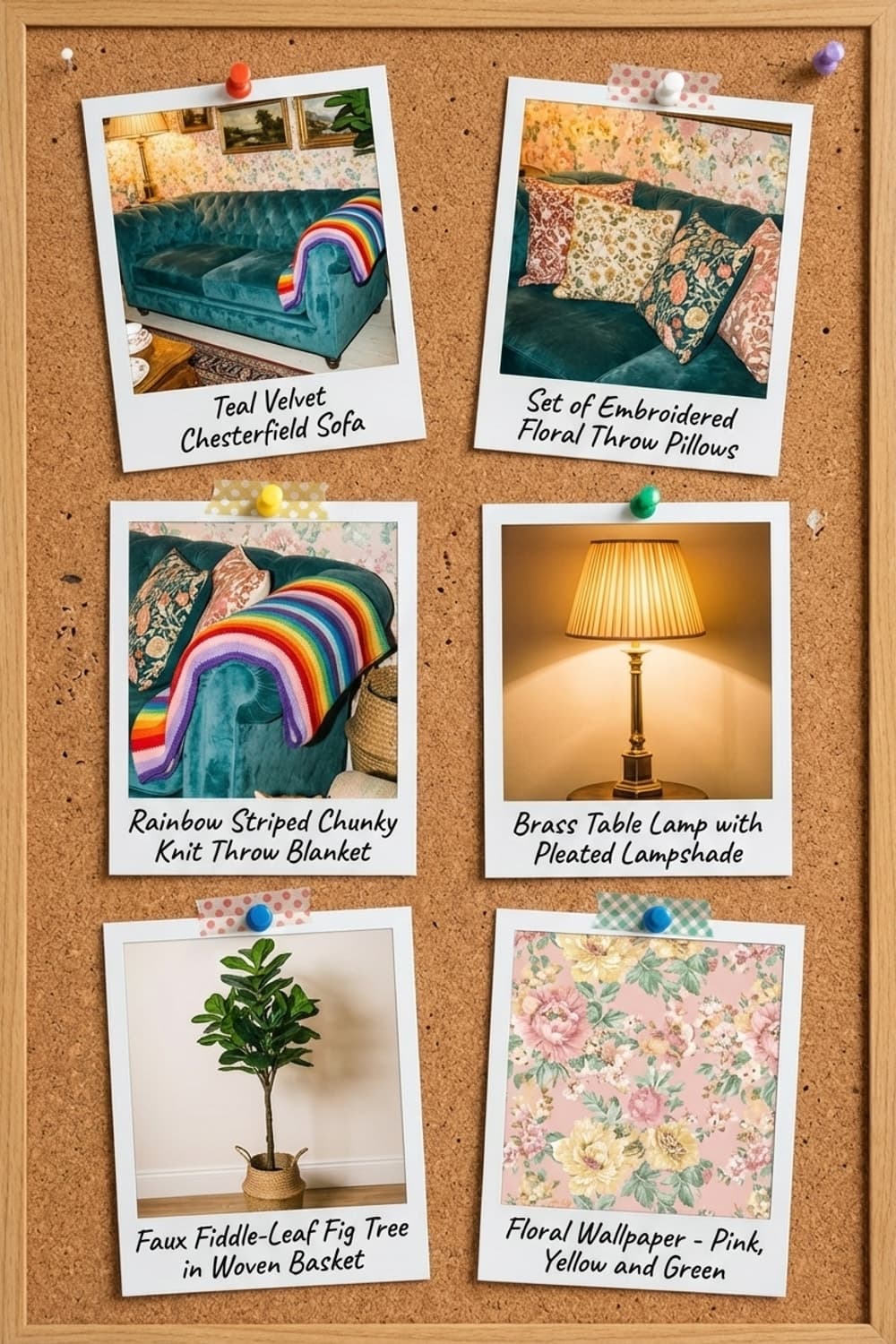 Afternoon Tea with a Ginger Gaze - living room, tea set, floral wallpaper, landscape paintings, velvet couch - Get the Look Board