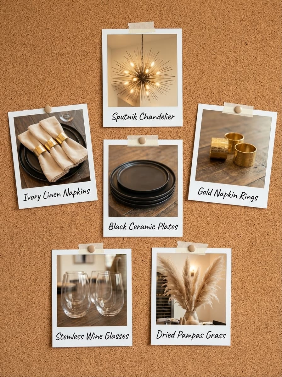 Shadows Lengthen, Stories Gather Round - dining room, rustic wood table, black chairs, gray rug, statement lighting - Get the Look Board