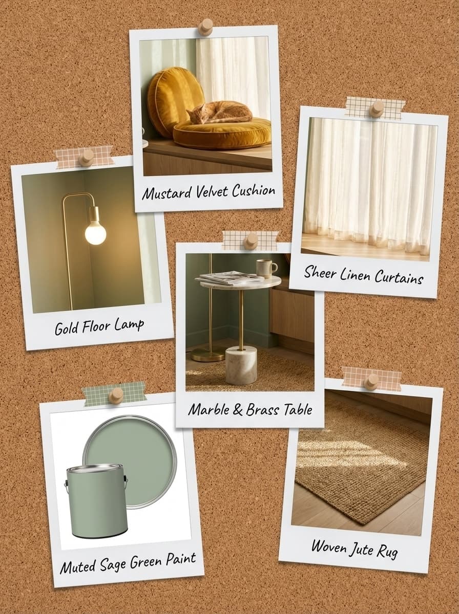 Sunbeam Nap in Amber Light - window seat, cat, nap, sage green, amber - Get the Look Board