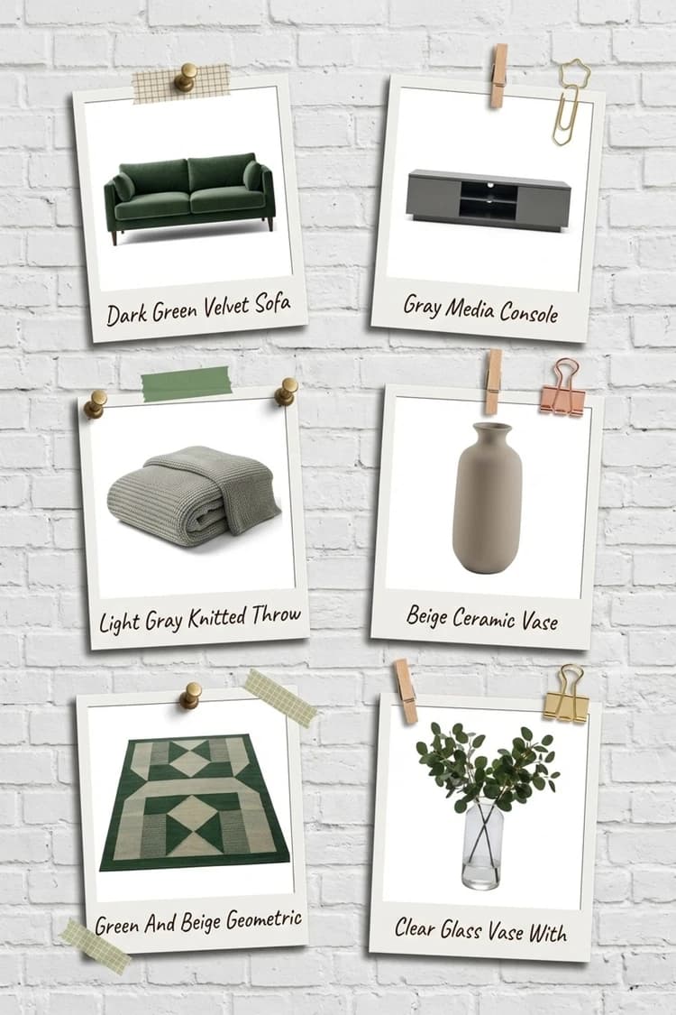 Rainy Day Reverie - living room, green sofa, velvet, rainy day, exposed brick - Get the Look Board