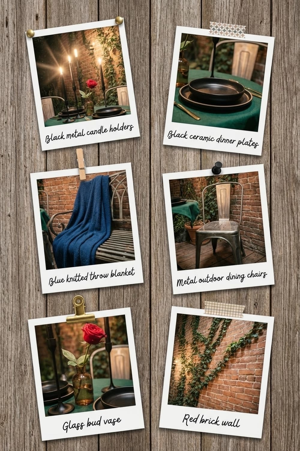 Last Light. First Sip. - outdoor dining, courtyard, brick wall, green, blue - Get the Look Board