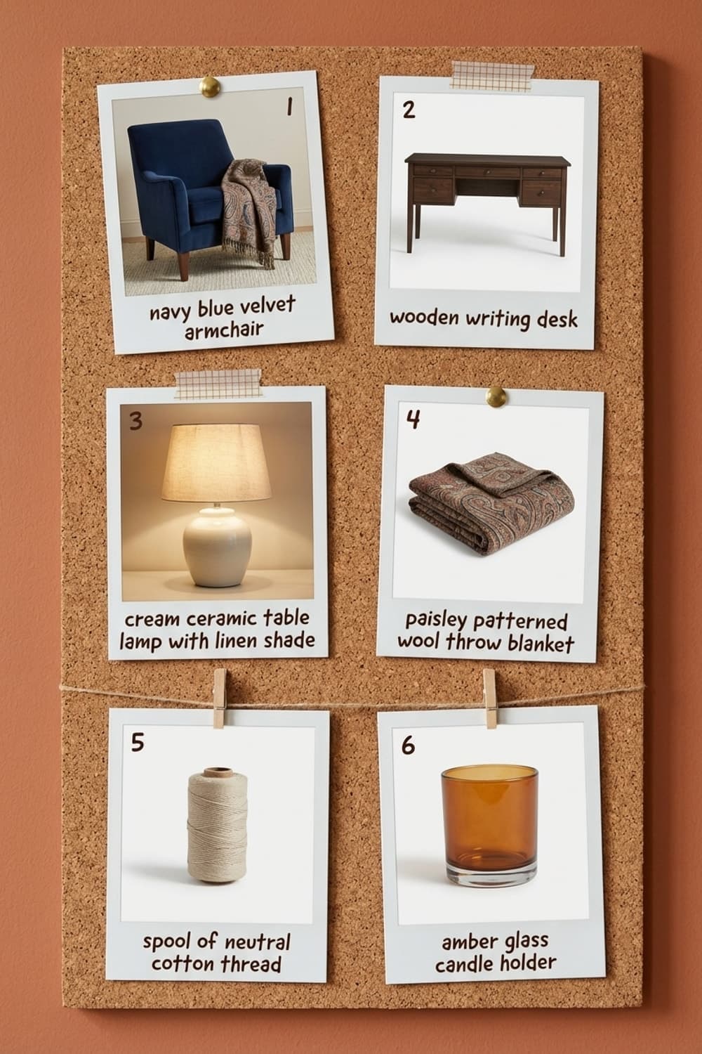 Streetlight Bloom on Linen's Quiet - reading nook, craft room, rust-colored walls, navy blue armchair, vintage desk - Get the Look Board