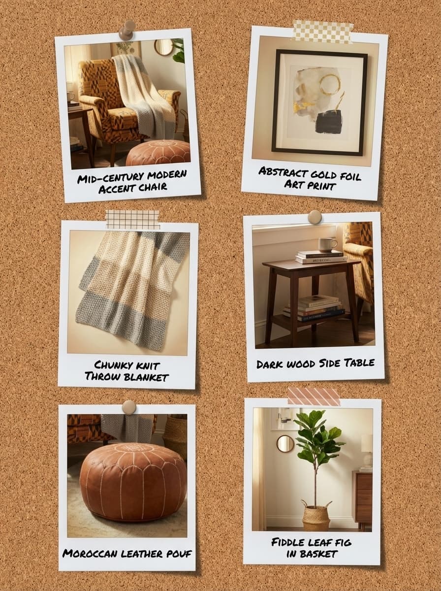 Corner of Pattern, Pool of Quiet - reading corner, living space, patterned chair, woven blanket, brown leather ottoman - Get the Look Board