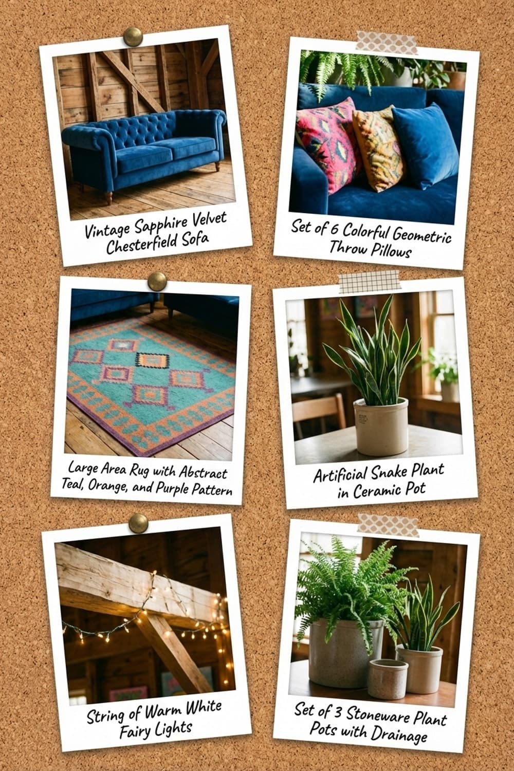 Emerald Comforts, Light-Struck Mornings - living room, wood paneling, blue sofa, green plants, bohemian rug - Get the Look Board