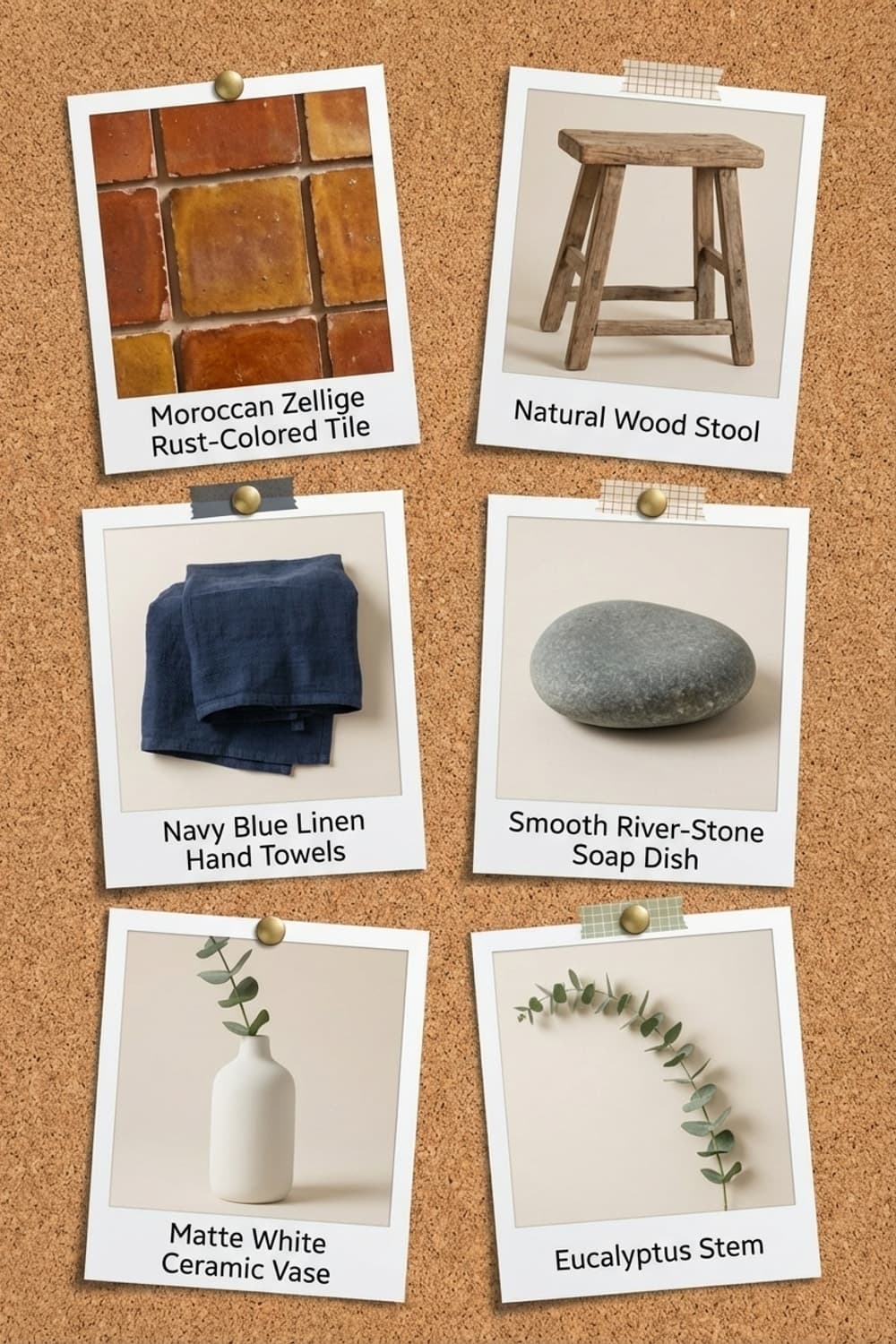 Golden Hour of Eucalyptus and Sleep - bathroom, brown tile, wooden stool, sleeping cat, eucalyptus - Get the Look Board
