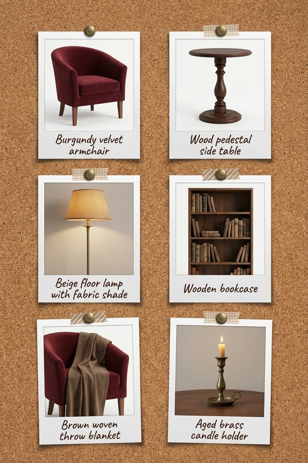 Twilight's Gentle Confession - reading nook, burgundy, wood, vintage lamp, cozy - Get the Look Board