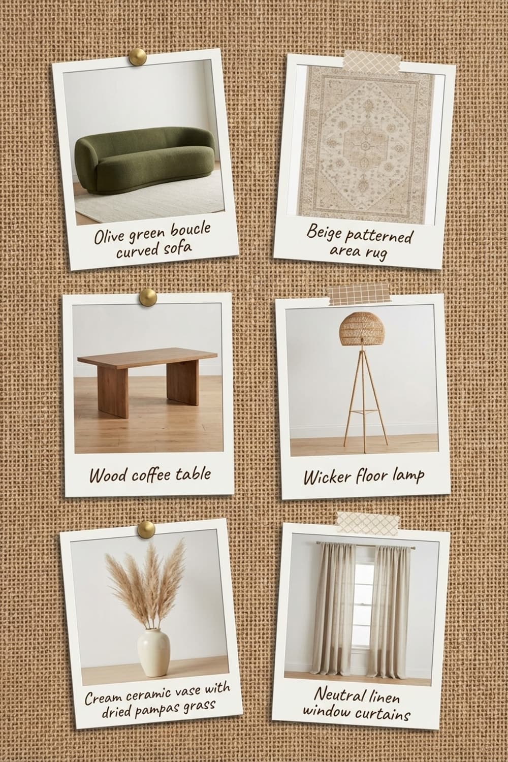 Golden Hour Chorus - living room, beige, brown, tan, boucle sofa - Get the Look Board