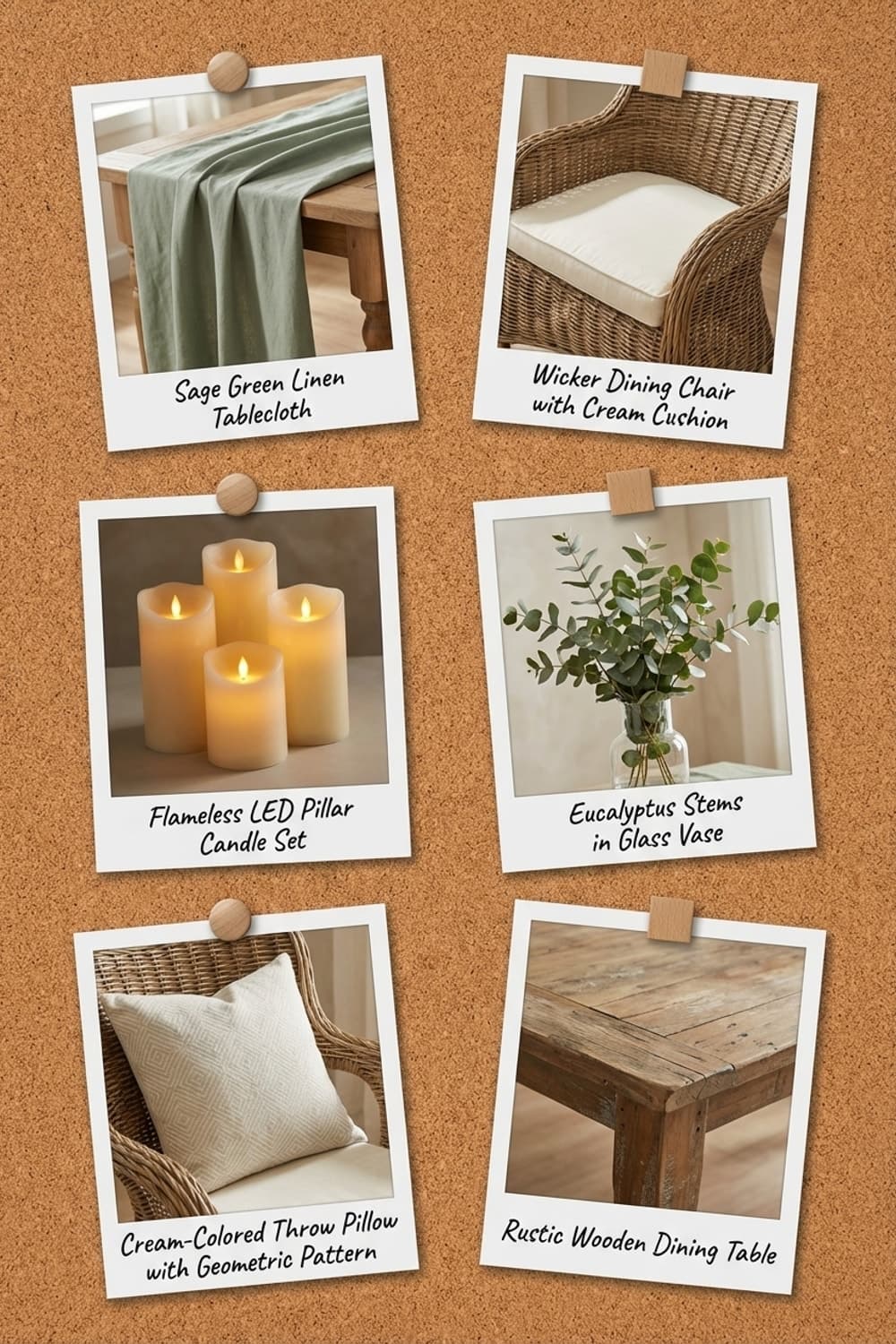 Golden Slumber, Sun-Drenched Table - dining room, sunroom, green, sage, woven chairs - Get the Look Board