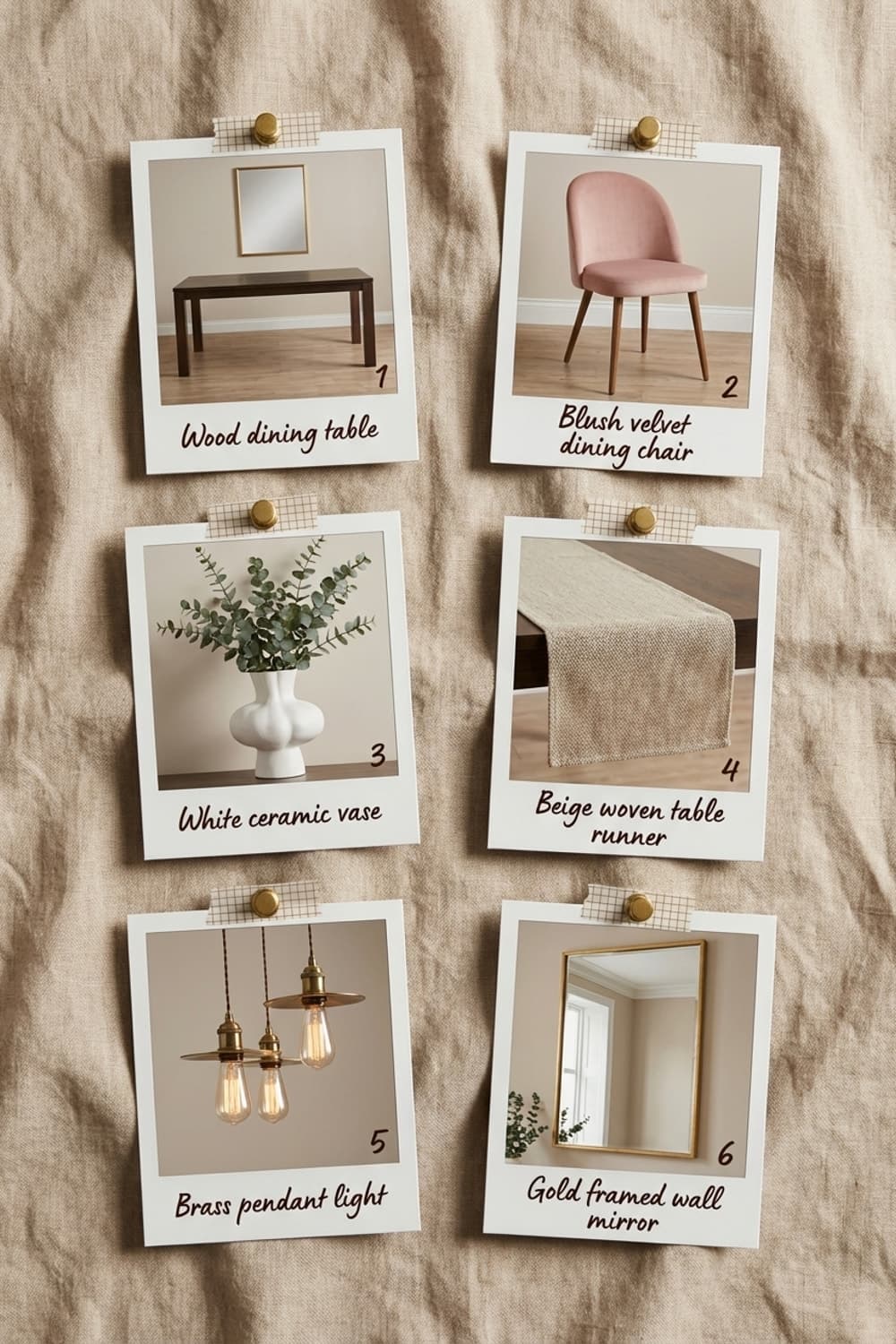 A Still Life with Eucalyptus - dining room, mauve chairs, wood table, black dinnerware, linen runner - Get the Look Board