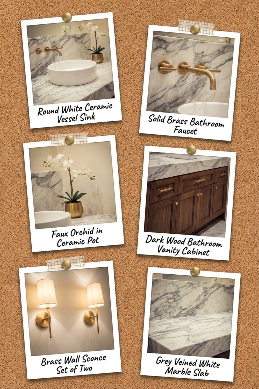 Orchid Reflection, Marble Whisper - powder room, marble countertop, Calacatta marble, walnut vanity, gold fixtures - Get the Look Board