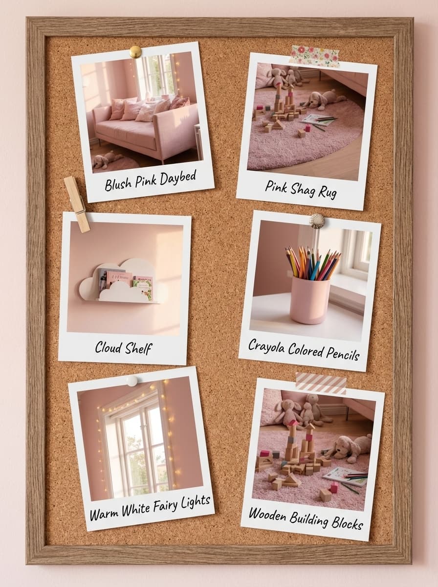 When Pink Walls Whisper Dreams - kids room, pink, white, couch, rug - Get the Look Board