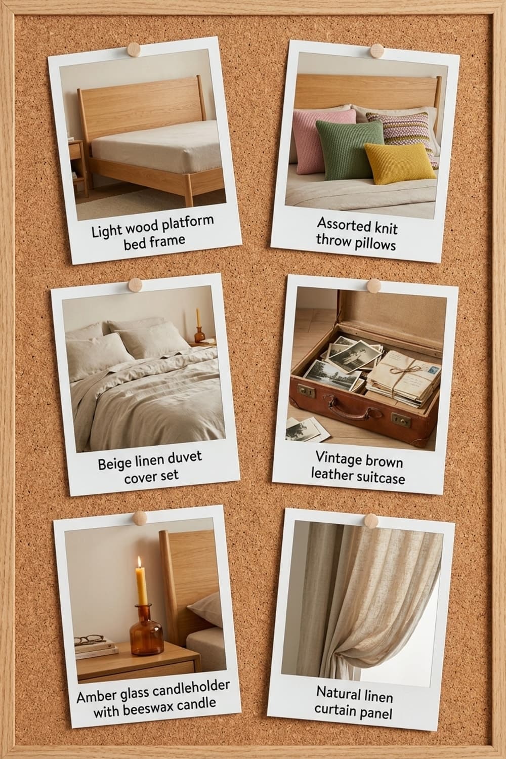 Sun-Dusted Letters and Linen Dreams - bedroom, linen bedding, neutral colors, wood floors, vintage suitcase - Get the Look Board