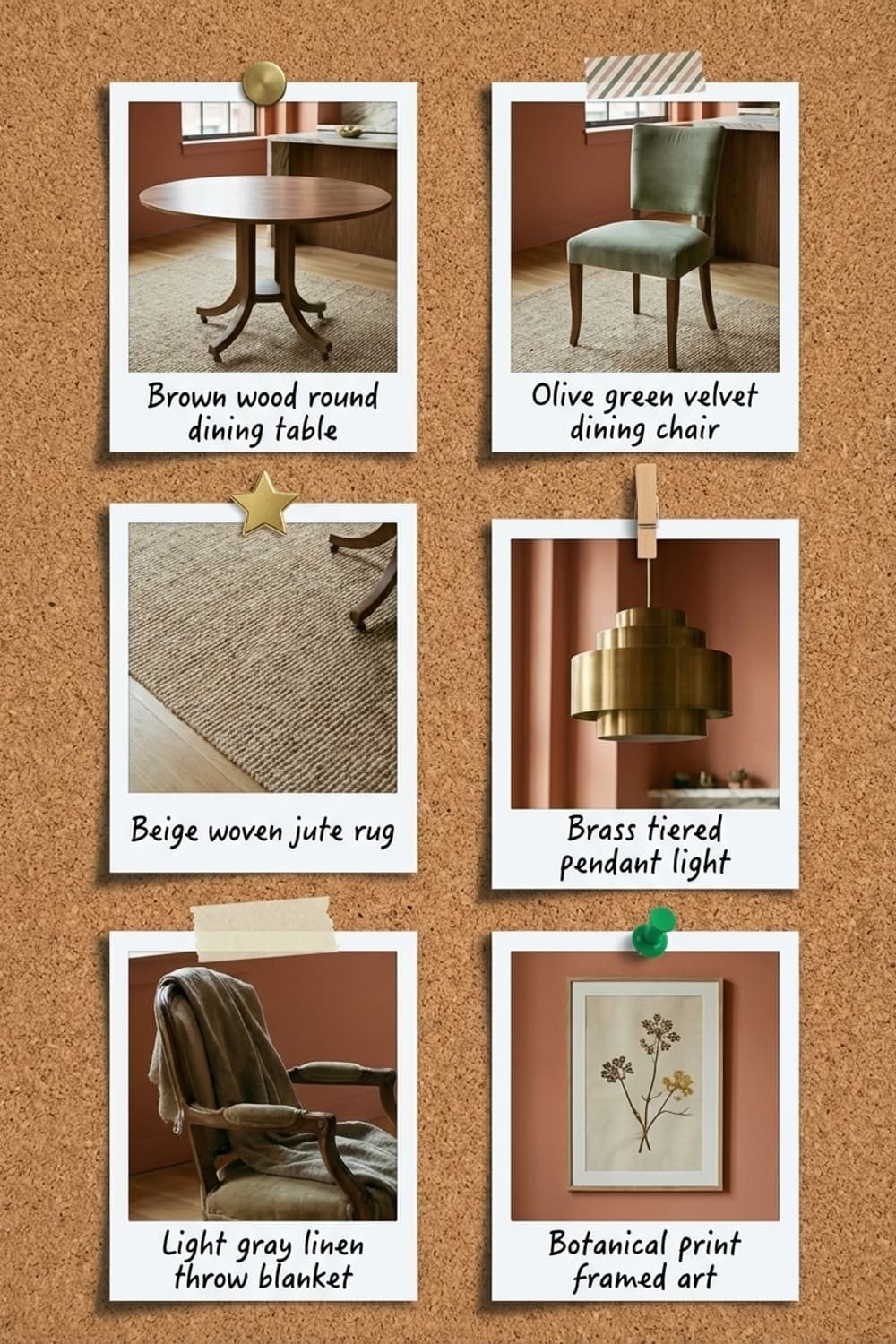 The Botanist's Lunch Break - dining room, terra cotta, olive green, round table, botanical illustration - Get the Look Board