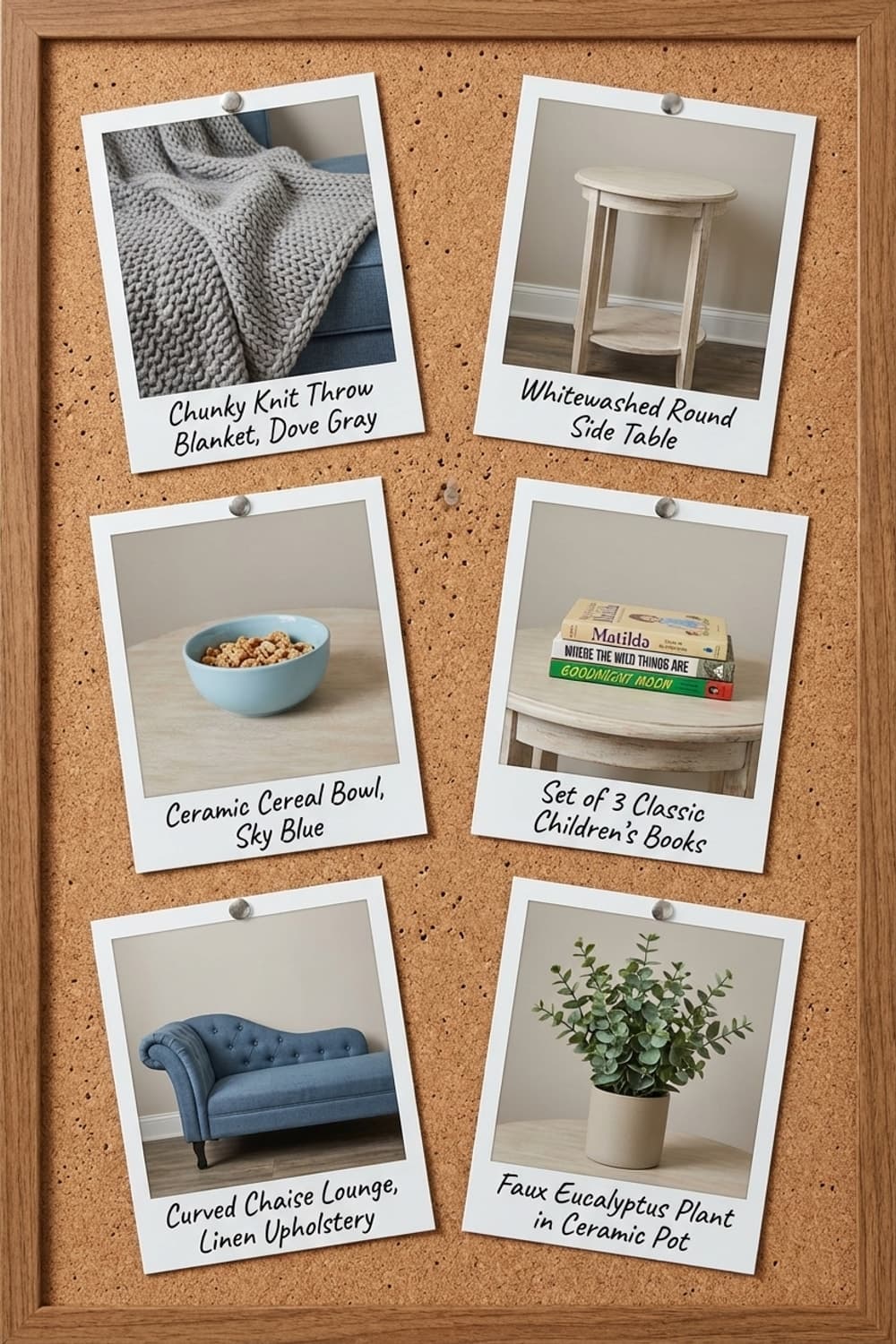 Snowflakes and Stories by the Window - living room, chaise lounge, blue, grey, wooden side table - Get the Look Board