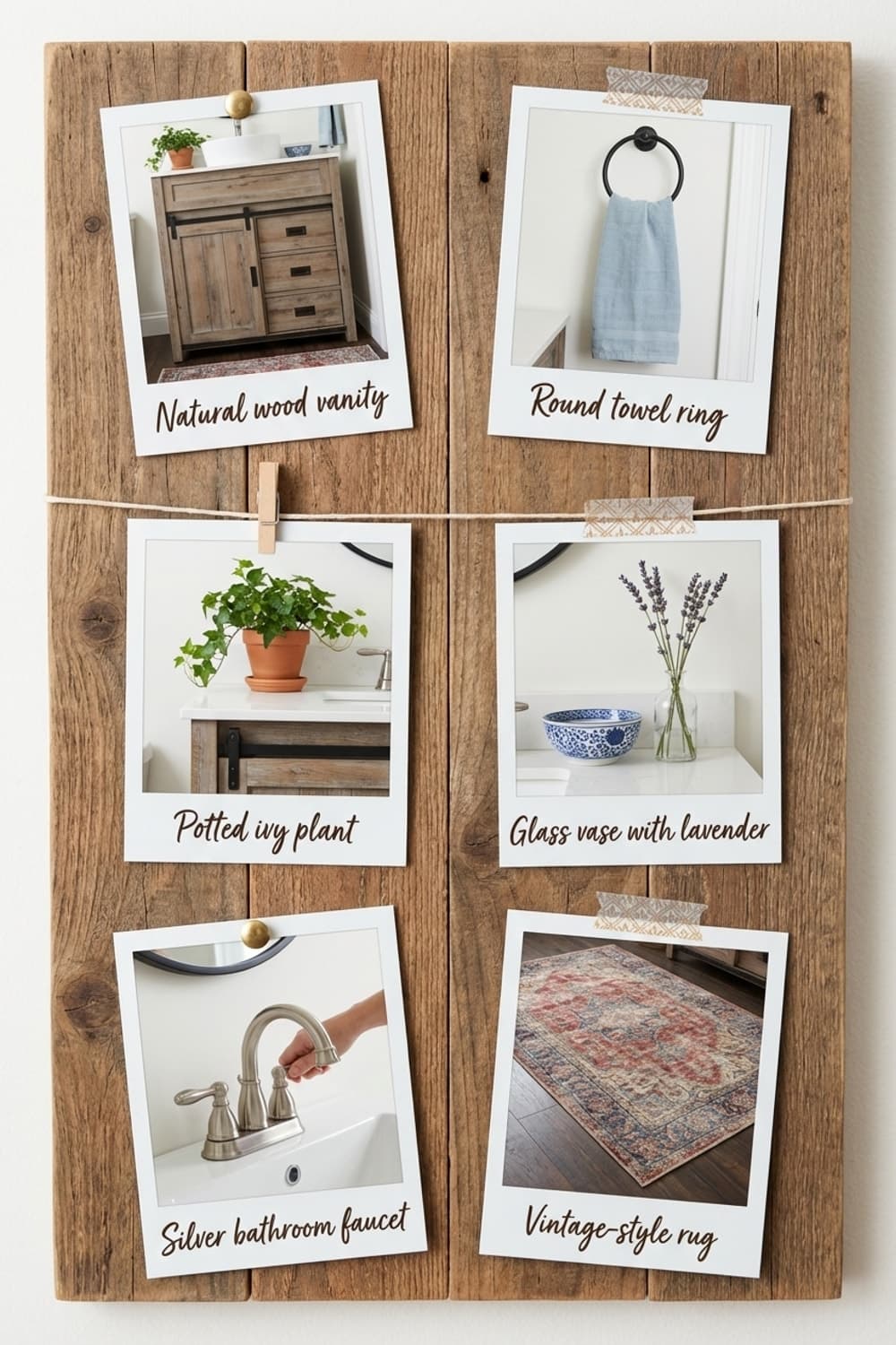 Turning on the Morning - bathroom, rustic, wood vanity, oval mirror, green ivy - Get the Look Board