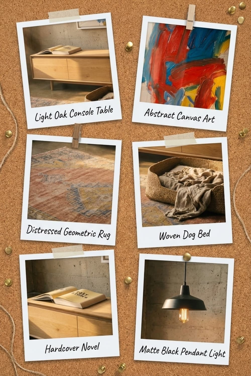 Sunbeam and the Waiting Word - living room, sunlight, wooden credenza, abstract art, woven rug - Get the Look Board