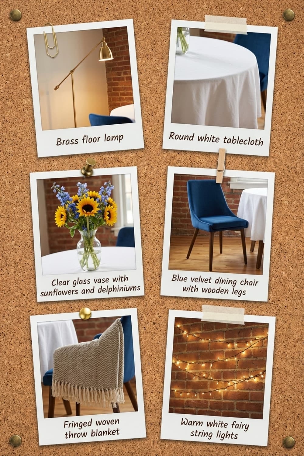 Sunflowers Through a Brick Portal - dining room, sunflowers, blue chairs, brick, string lights - Get the Look Board