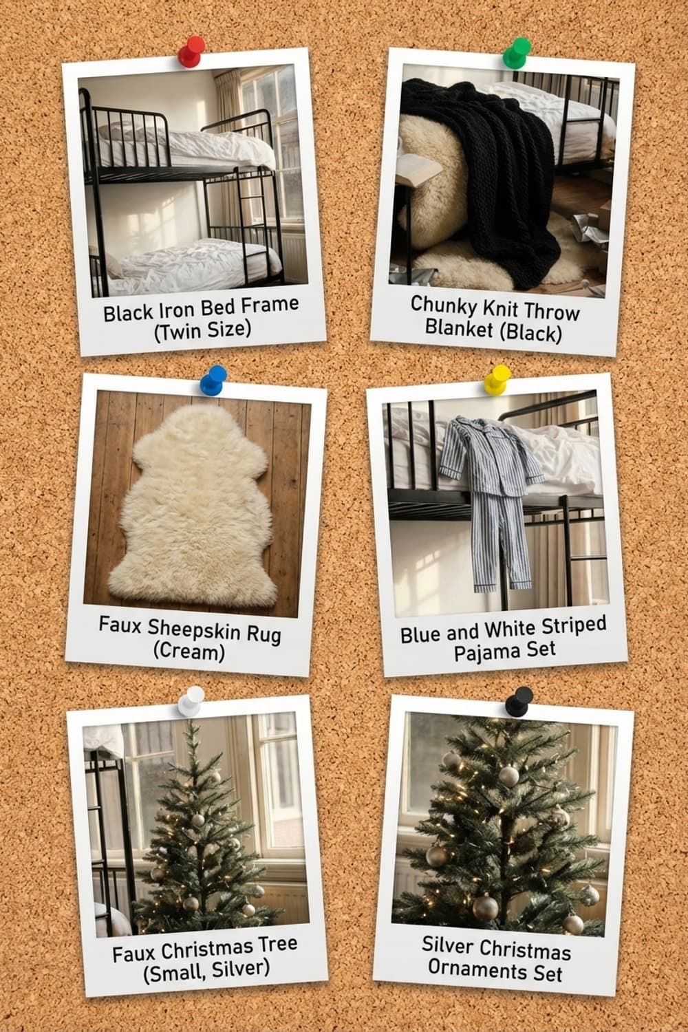 A Little Late, A Little Sleepy - bedroom, bunk bed, black metal, white bedding, Christmas tree - Get the Look Board