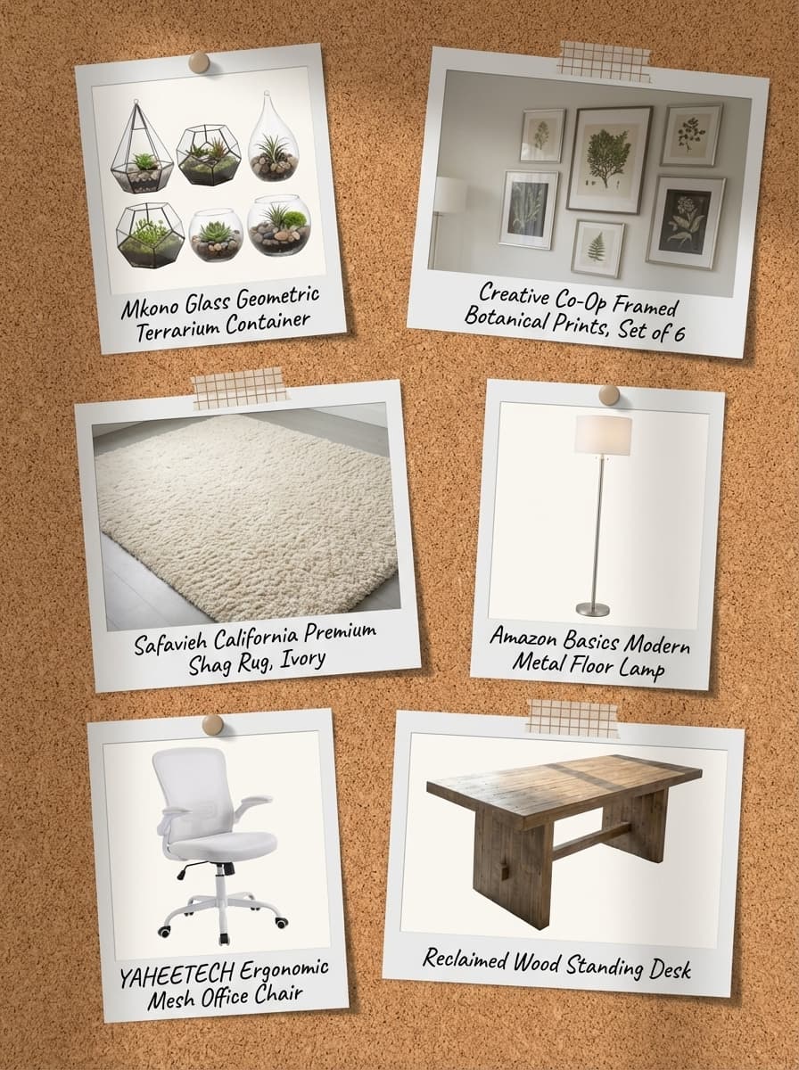 Sunlight and Silent Growth - home office, wood desk, terracotta, glass, botanical prints - Get the Look Board