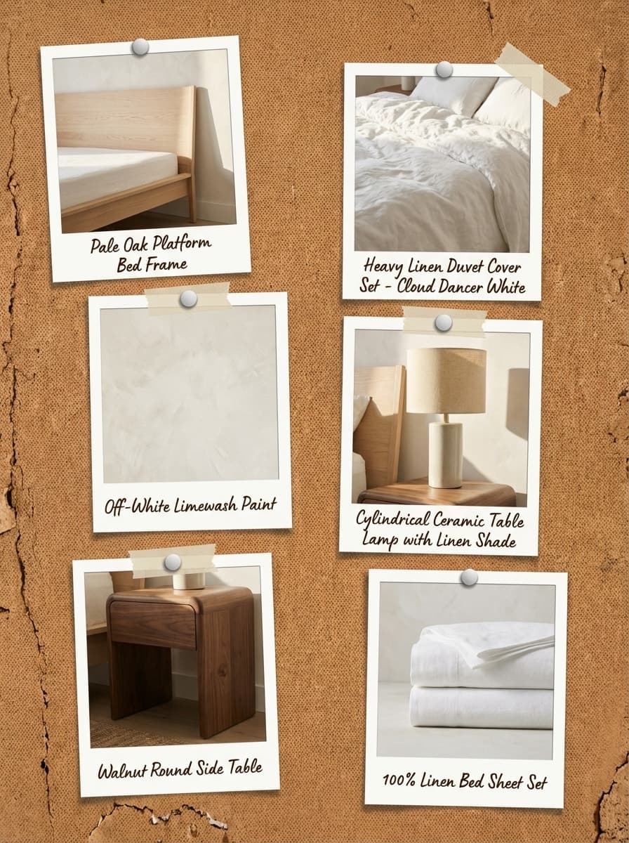 First Light, Untouched Linen - bedroom, linen bedding, white, beige, natural wood - Get the Look Board