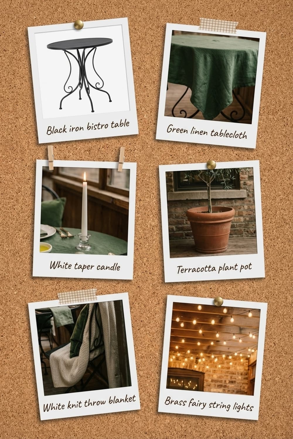 Olive Branch and Evening Light - outdoor dining, olive tree, string lights, stone wall, wrought iron table - Get the Look Board