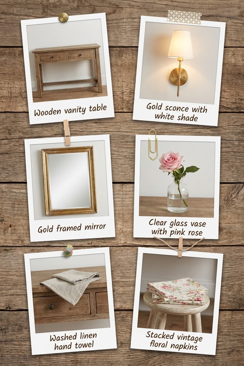 Last Light on Summer Rose - bathroom, rose, wooden vanity, linen towel, aged mirror - Get the Look Board