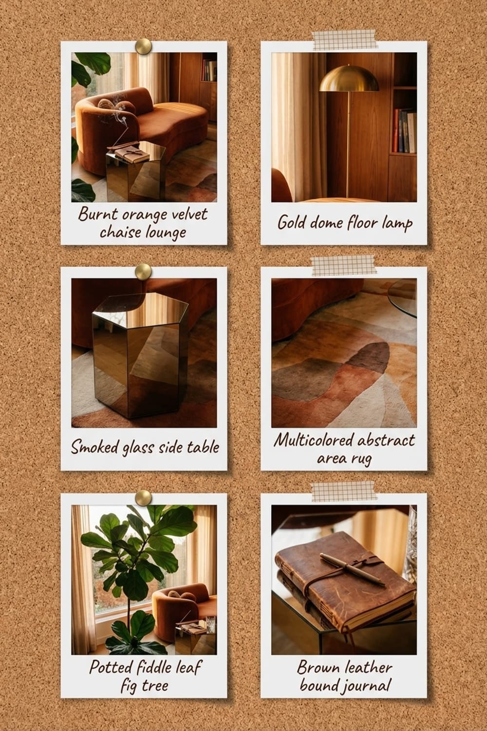 First Draft of a New Beginning - living room, rust, brown, green, gold - Get the Look Board