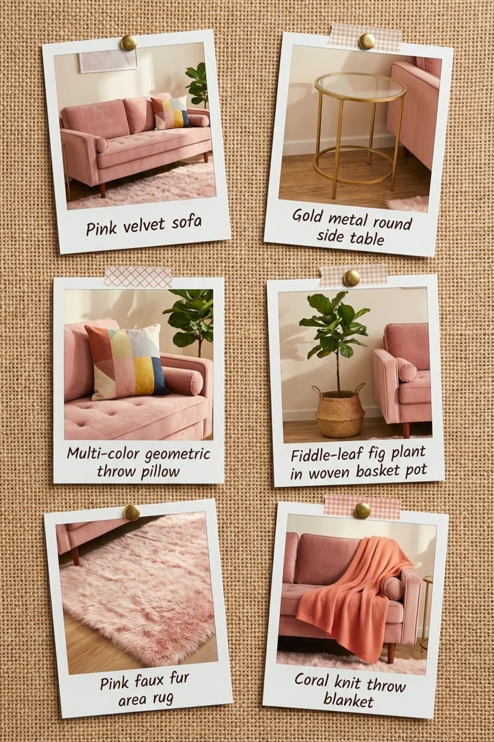 Golden Hour Therapy. - living room, pink, gold, velvet, round coffee table - Get the Look Board