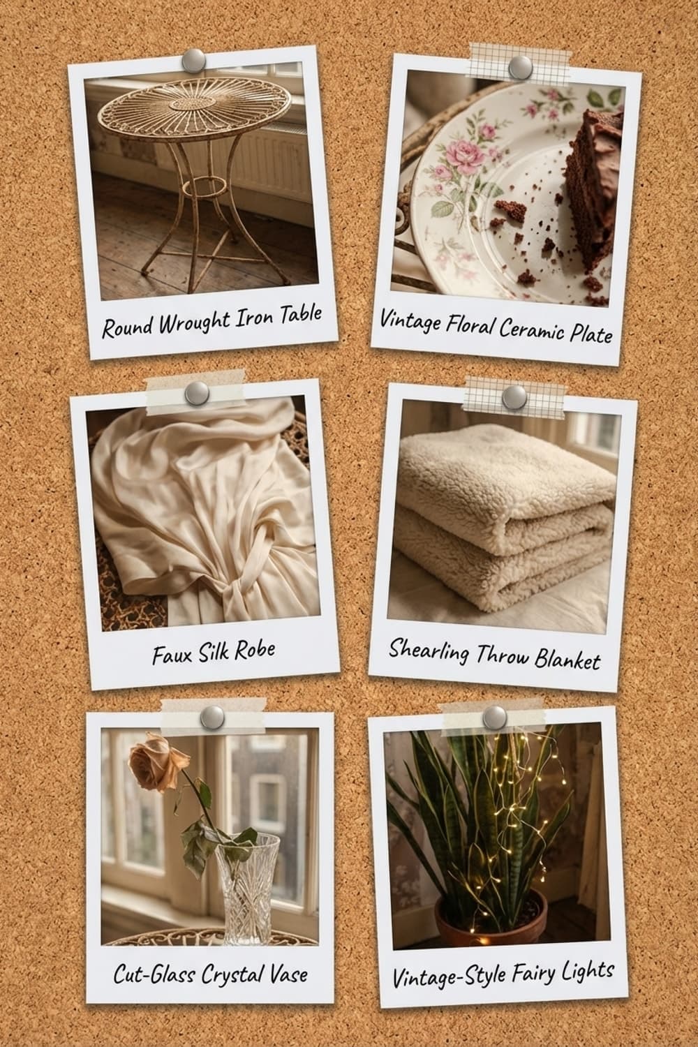 Sunbeams and Chocolate Revelation - Breakfast nook, warm light, wrought iron furniture, floral wallpaper, vintage recipe book - Get the Look Board