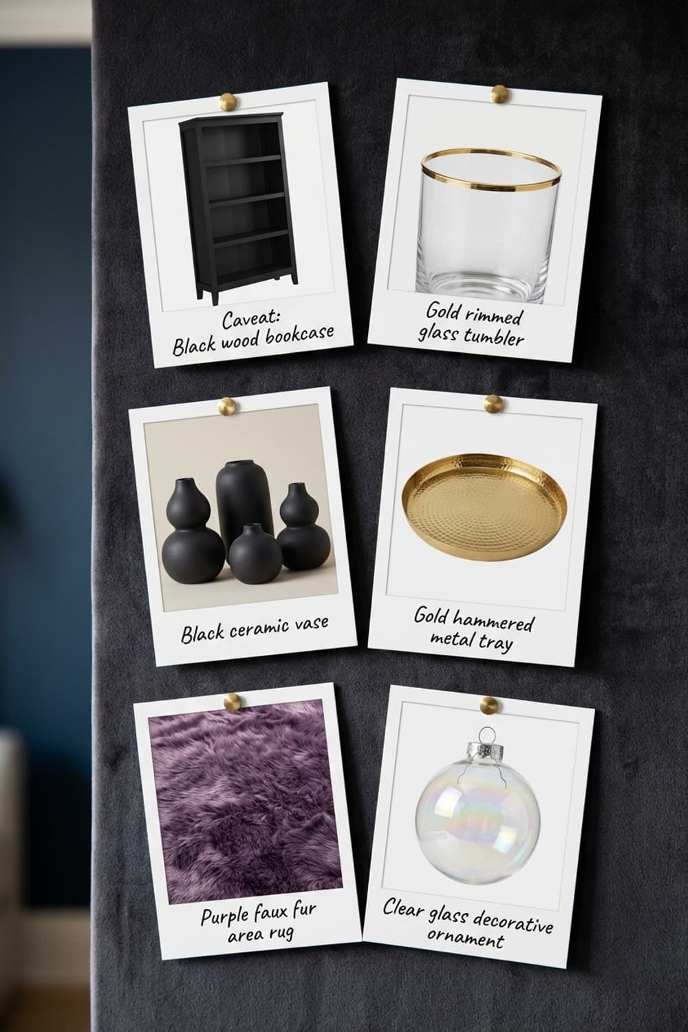 Between Masks and Cat Naps - living room, dark blue, purple, gold, black - Get the Look Board
