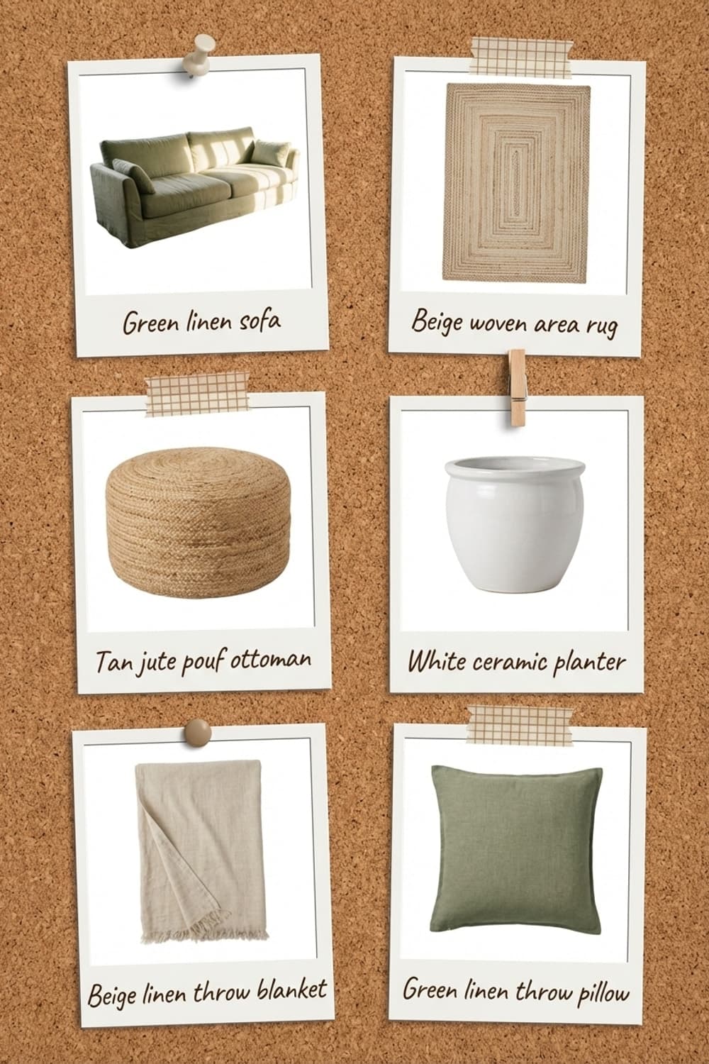 Afternoons in the Guest Cottage - living room, cottagecore, green, beige, brown - Get the Look Board