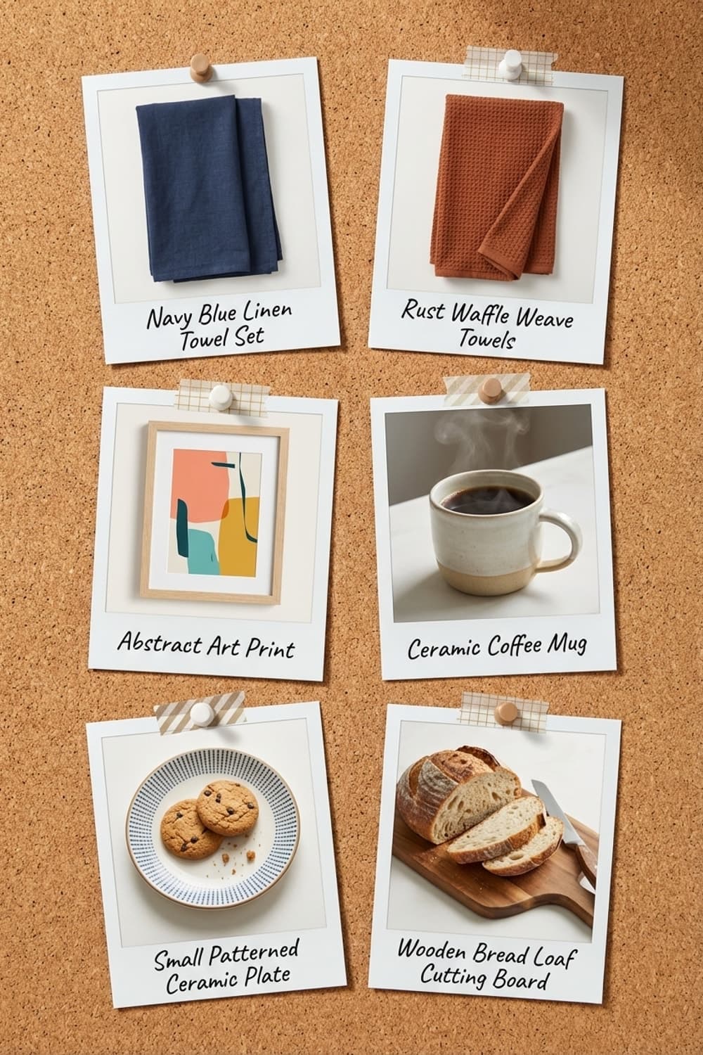 Simple Rituals, Slow Mornings - kitchen, warm light, oak cabinetry, stone countertop, geometric art - Get the Look Board