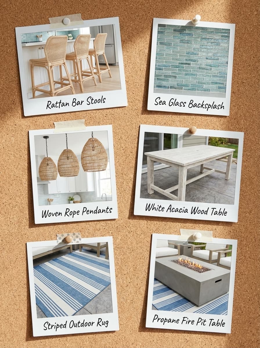 Balmy Breezes, Sunlit Days - Kitchen and rooftop patio, White cabinets, Wicker chairs, Blue cushions, Outdoor dining - Get the Look Board