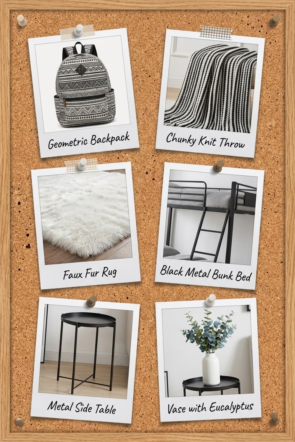 Homework and Dreams Interrupted - bedroom, black, white, cream, wood - Get the Look Board