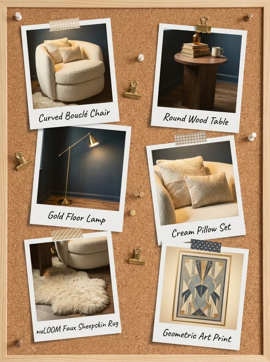 The Golden Hour's Quiet Embrace - reading nook, navy blue, bouclé chair, round side table, brass lamp - Get the Look Board