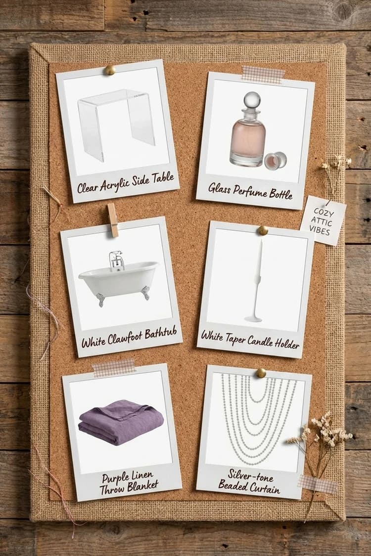 The Credits Rolled Hours Ago - attic bathroom, romantic, film night, lavender, bathtub - Get the Look Board