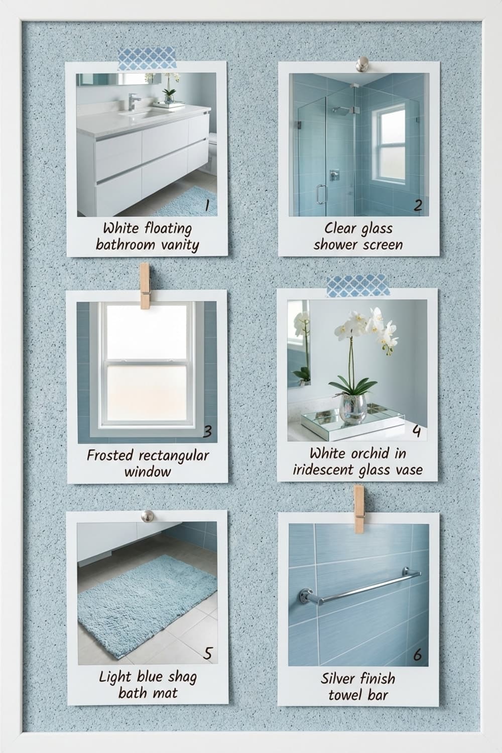 Soft Paws, Soft Shores of Blue - bathroom, blue tile, white vanity, frosted window, glass shower - Get the Look Board