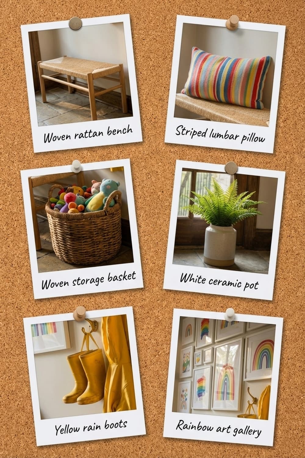 Rainbows at the Threshold of Day - entryway, rainbow art, yellow, natural wood, woven bench - Get the Look Board