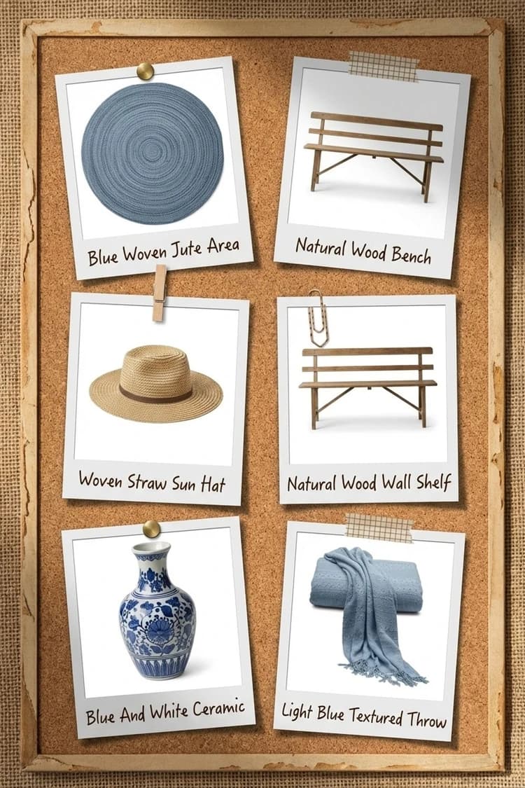 Blue Wall, Quiet Dog - entryway, blue walls, wooden bench, dog, morning light - Get the Look Board