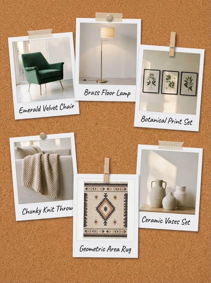 Waiting for Footsteps on the Rug - living room, cream walls, natural light, area rug, green armchair - Get the Look Board