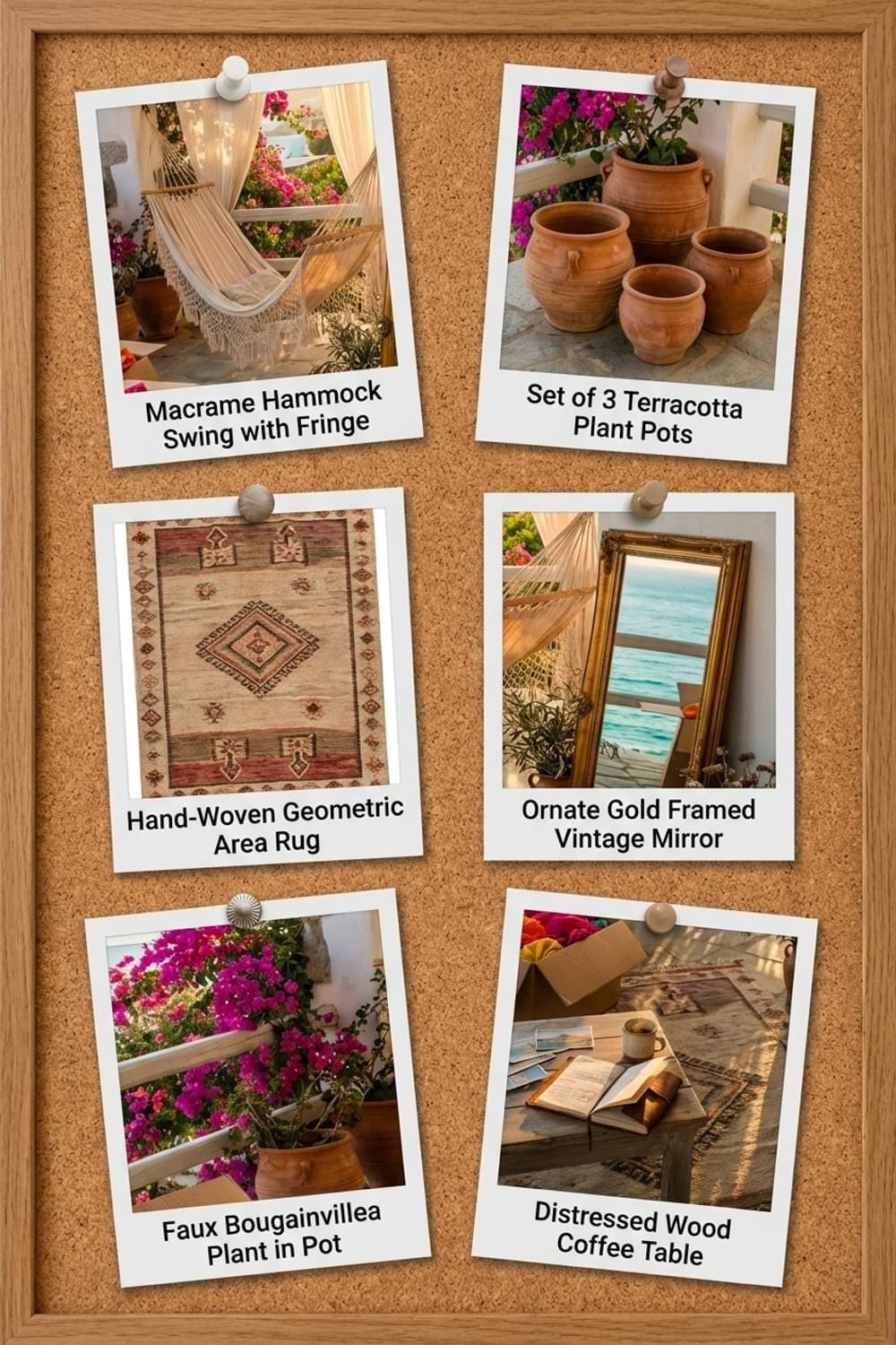 Salt Air, Unpacking Dreams - balcony, hammock, cream, gold mirror, bougainvillea - Get the Look Board