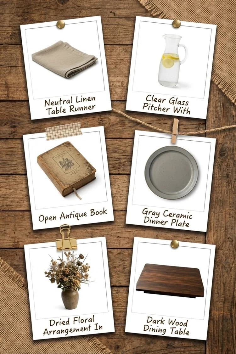 Open Door, Open Book - dining room, wood, linen, white lanterns, open book - Get the Look Board