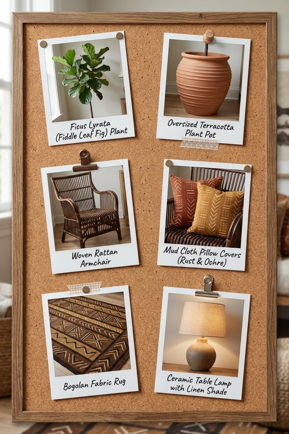 Afternoon Light, Slowed Down - living room corner, brown, beige, wicker chair, woven rug - Get the Look Board