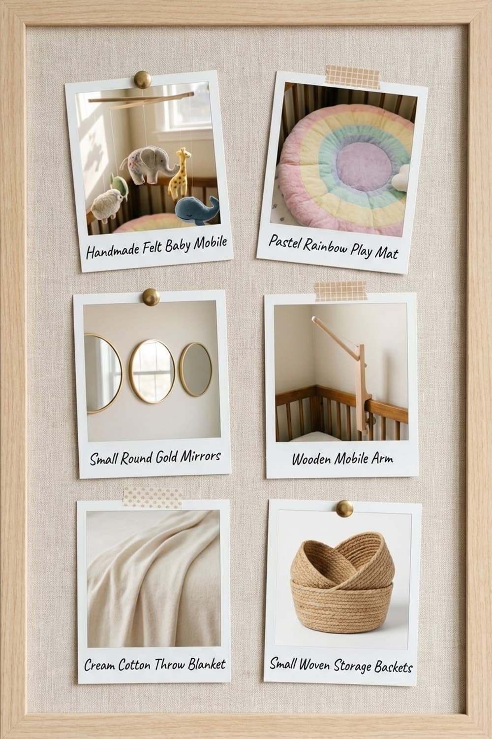 Drifting Under a Childhood Sky - nursery, baby room, pastel colors, baby mobile, wool toys - Get the Look Board