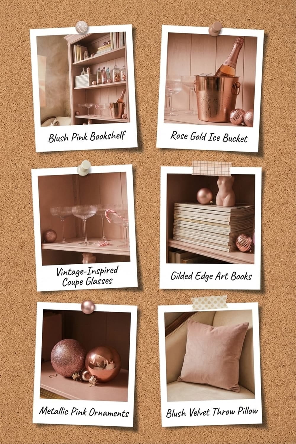 Rosewater Still Life, Waiting - bookshelf, pink, champagne, gold accents, cat - Get the Look Board