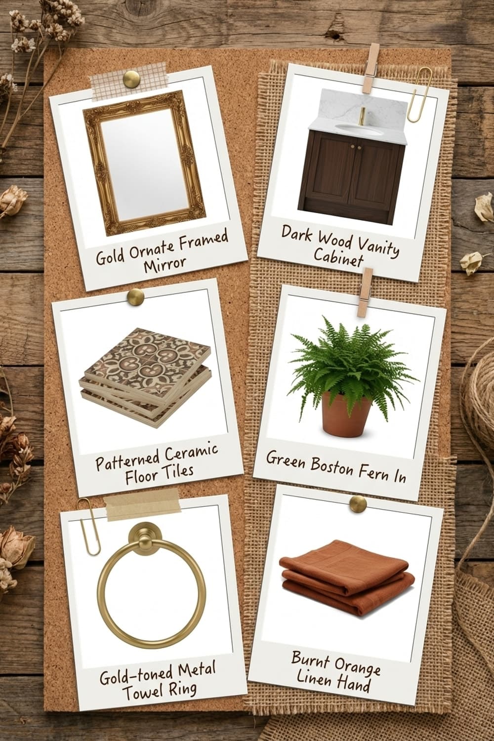 Gold Frame, Good Light. - bathroom, terracotta, gold frame, wood vanity, patterned tile - Get the Look Board