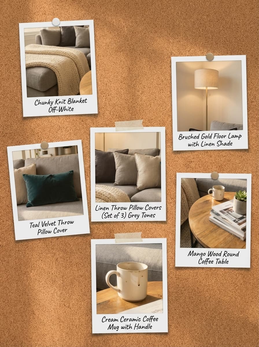 The Long, Quiet Afternoon - living room, gray, beige, wood, linen - Get the Look Board