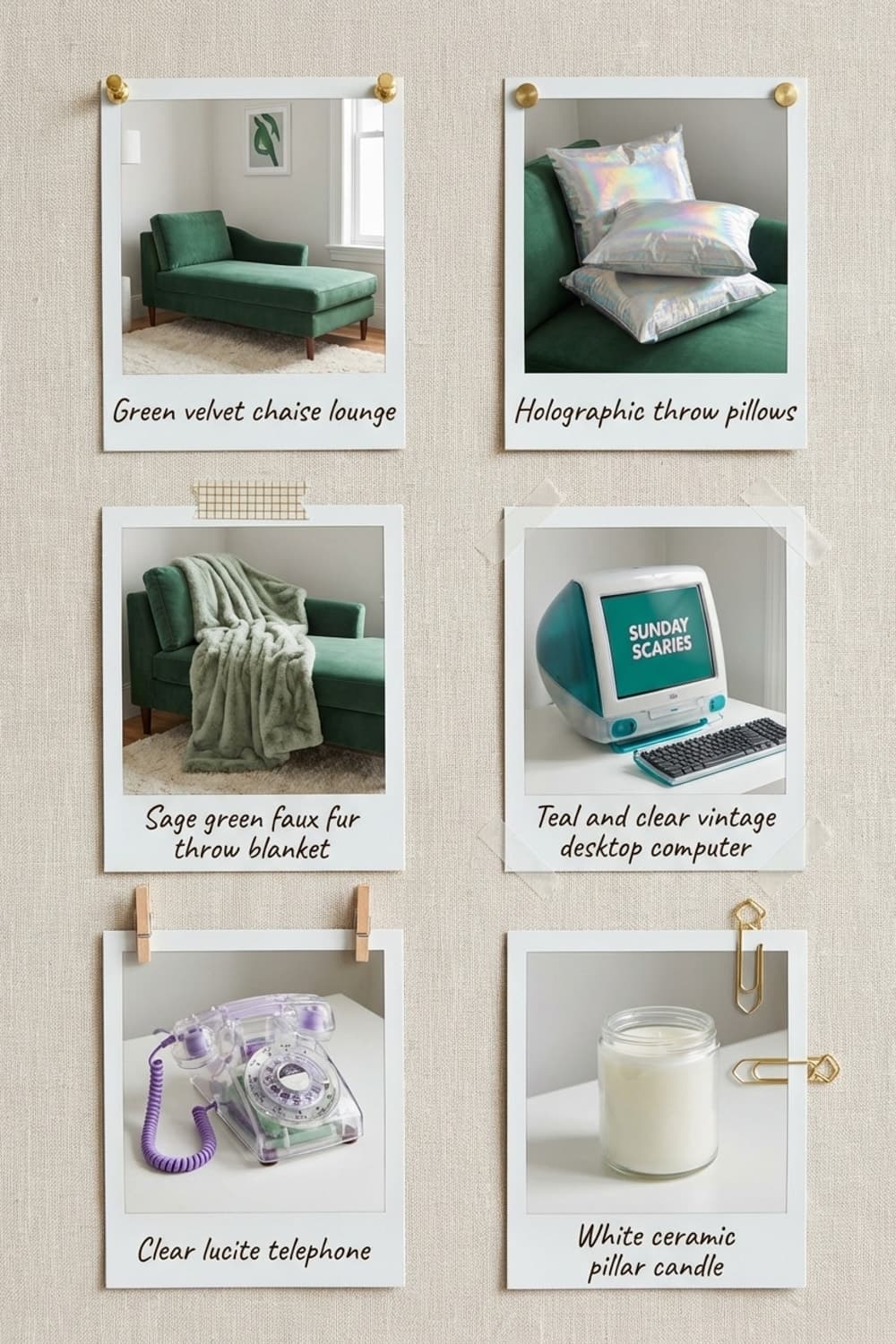 Screens, Blankets, Soft Light - living room, green, silver, velvet, chaise lounge - Get the Look Board