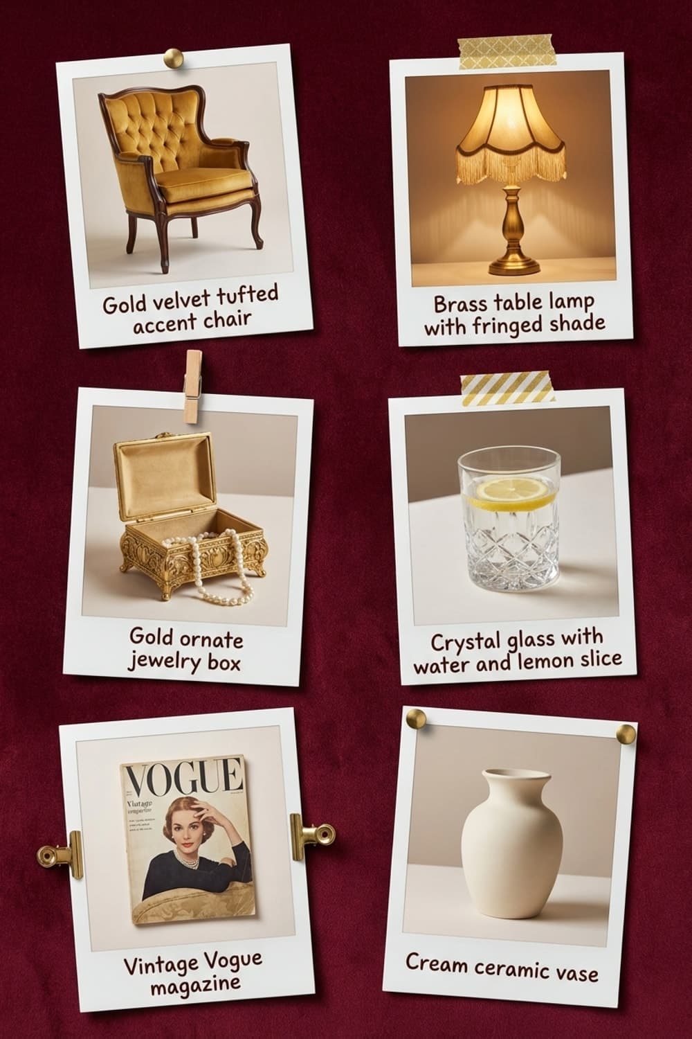 Shadows and Silk After the Show - corner room, burgundy walls, gold chair, lamp, jewelry box - Get the Look Board